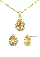 Lab Grown Gold Tone Champagne Pear Stone Cubic Zirconia Necklace and Earrings Set