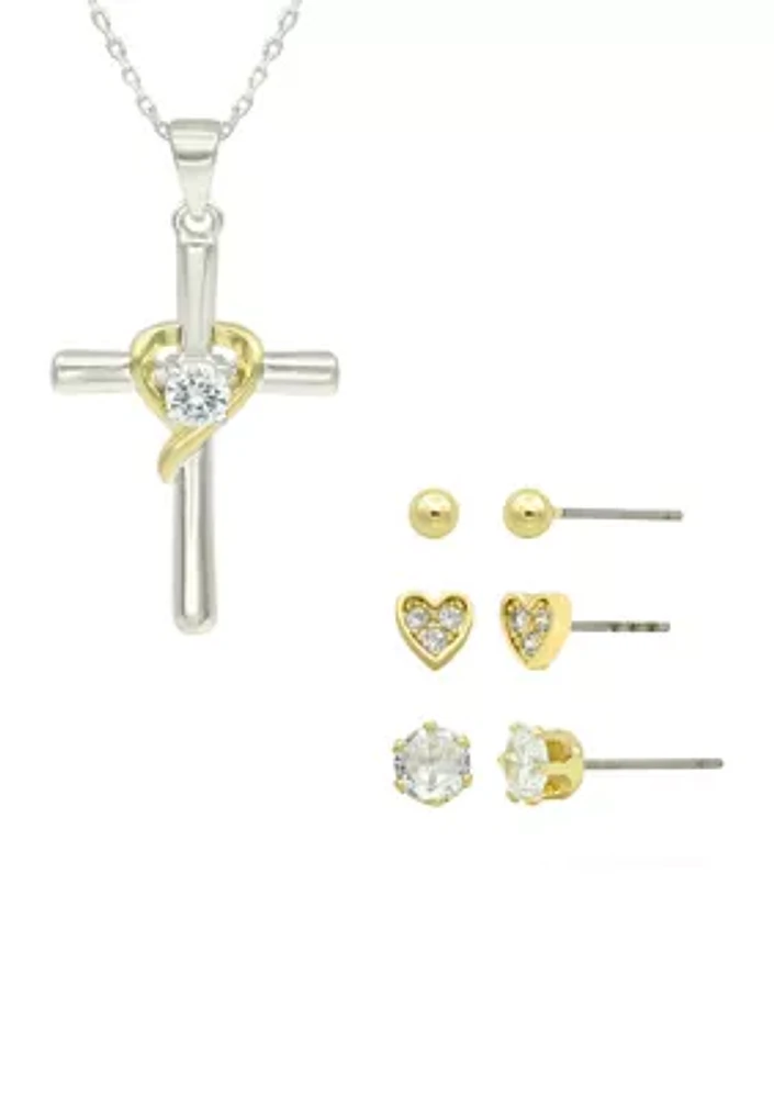 Lab Grown Two Tone Cubic Zirconia Cross Necklace and Trio Earrings Set