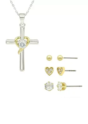 Lab Grown Two Tone Cubic Zirconia Cross Necklace and Trio Earrings Set