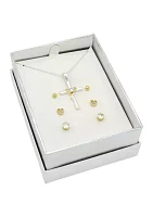 Lab Grown Two Tone Cubic Zirconia Cross Necklace and Trio Earrings Set