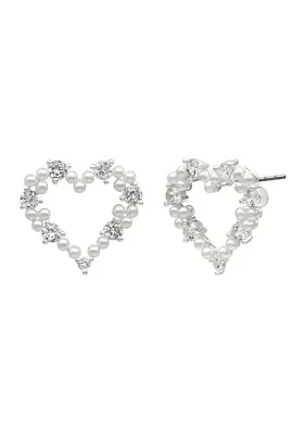 Lab Created Silver Tone Pearl & CZ Pave Heart Earrings