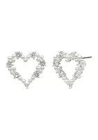 Lab Created Silver Tone Pearl & CZ Pave Heart Earrings