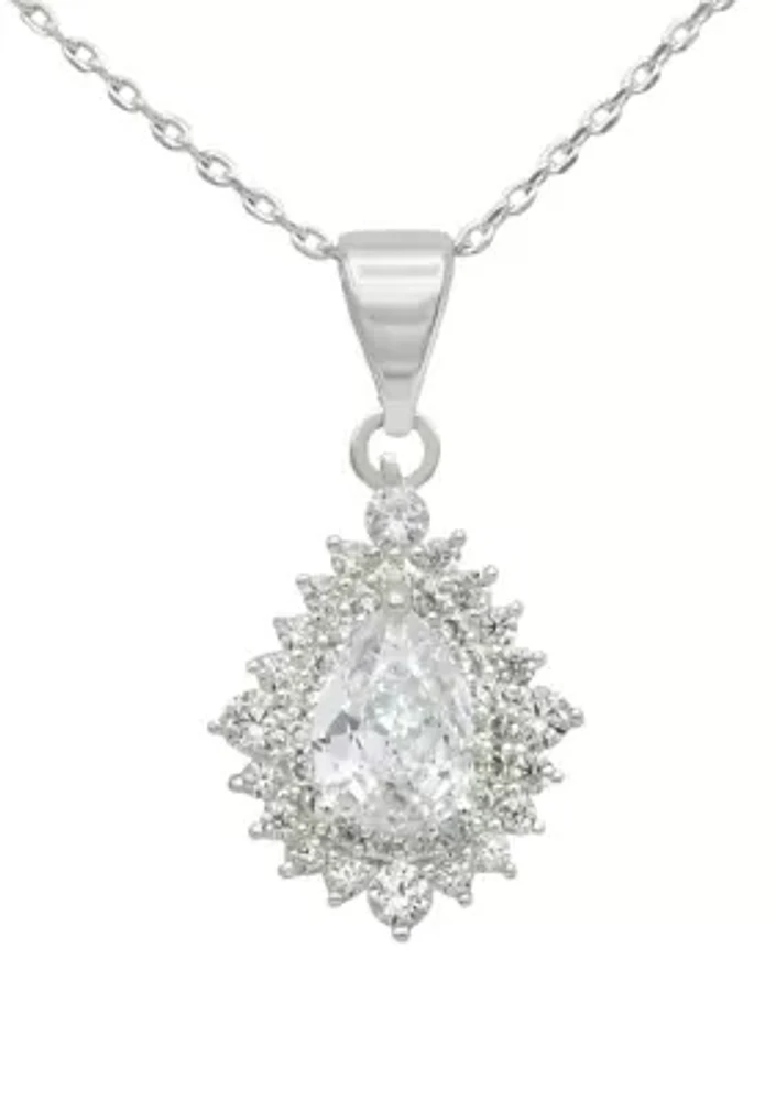 Lab Grown Silver Tone Cubic Zirconia Pear Stone Cluster Pendant Necklace