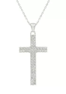 Lab Created Silver Tone Cubic Zirconia Pavé Cross Pendant Necklace