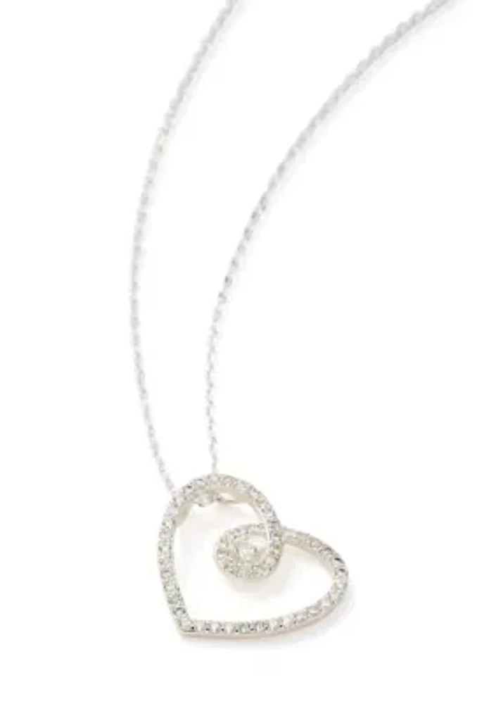 Lab Grown Silver Tone Cubic Zirconia Open Swirl Heart Pendant Necklace