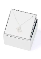 Lab Grown Silver Tone Cubic Zirconia Love Block Script Pendant Necklace