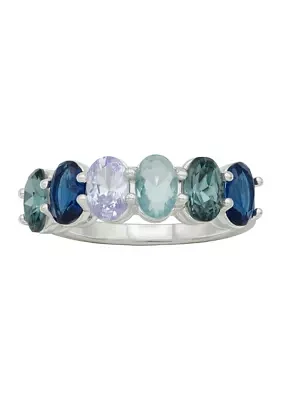 Lab Grown Silver Tone Band with Multi Blue Tonal Oval Stones Ring