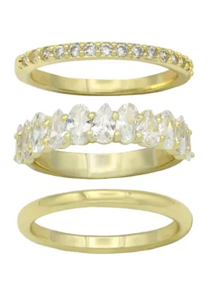 Lab Grown Gold Tone Cubic Zirconia Marquise Trio Band Ring Set