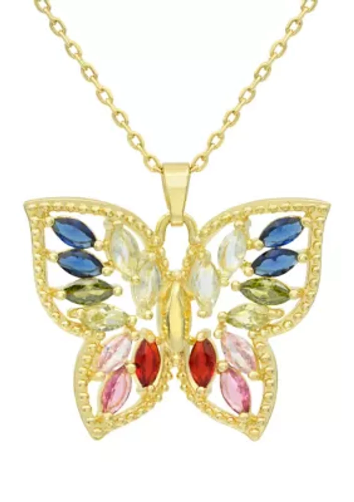 Lab Created Gold Tone Multi CZ & Crystal Marquise Stone Butterfly Pendant Necklace