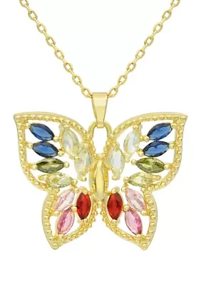 Lab Created Gold Tone Multi CZ & Crystal Marquise Stone Butterfly Pendant Necklace