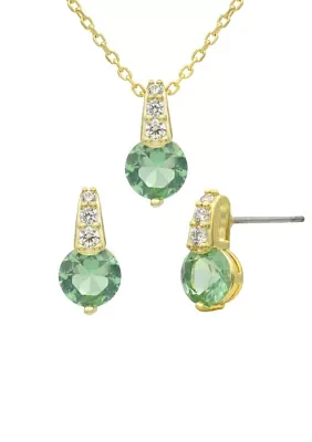 Lab Created Gold Tone Green Crystal and CZ Linear Drop Necklace and Earring Set