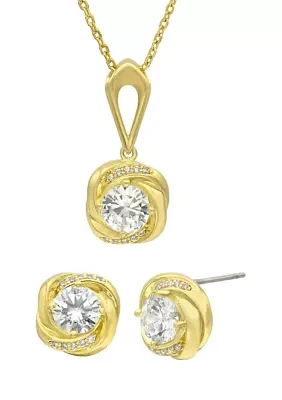 Lab Grown Gold Tone Round Cubic Zirconia Love Knot Necklace and Earrings Set