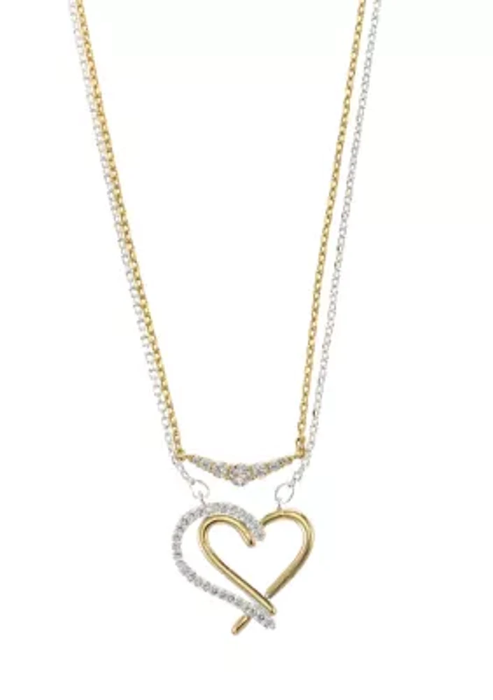 Lab Created Two Tone CZ Pendant Heart Duo Necklace