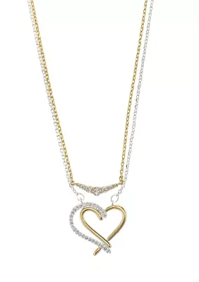 Lab Created Two Tone CZ Pendant Heart Duo Necklace