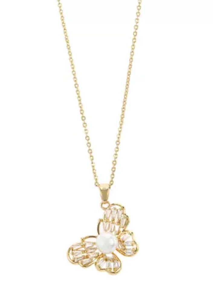 Lab Grown Gold Tone Butterfly Pendant with Pearl and Cubic Zirconia Necklace