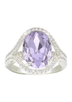 Lab Grown Silver Tone Oval Light Amethyst Crystal with Pavé Cubic Zirconia Ring