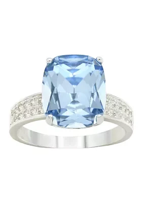 Lab Grown Silver Tone Cushion Cut Sapphire Crystal with Pavé Cubic Zirconia Band Ring