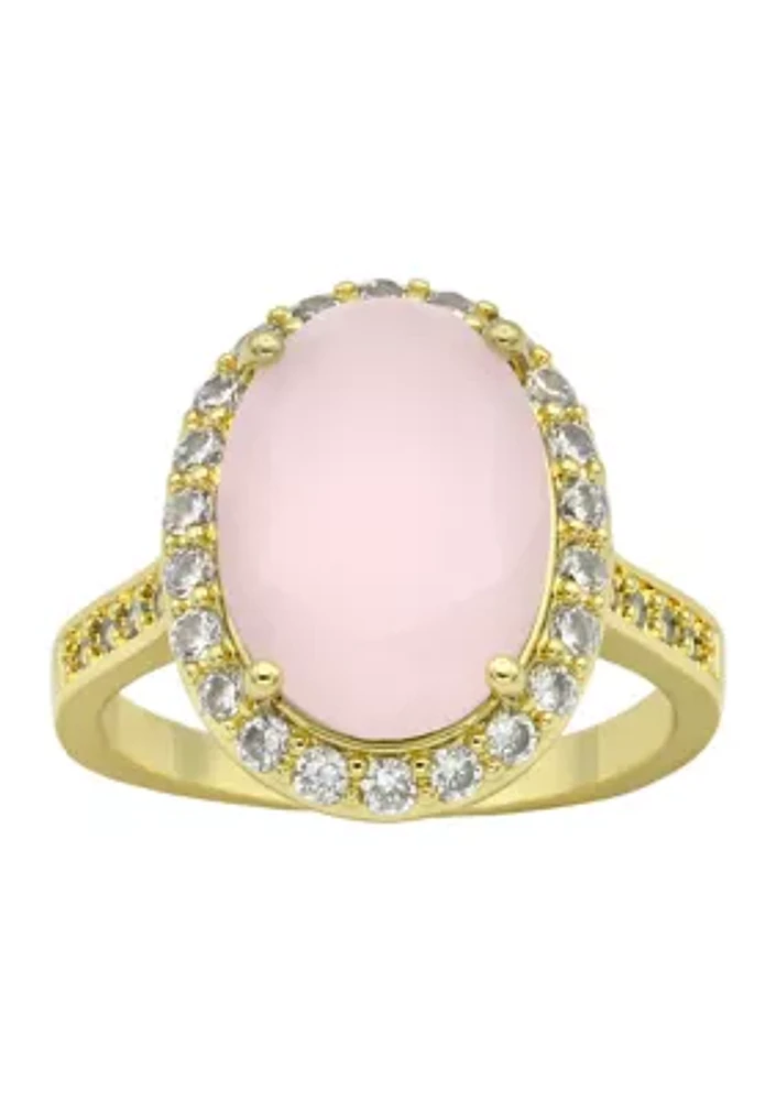 Lab Grown Gold Tone Oval Rose Crystal Pavé Cubic Zirconia Halo Ring