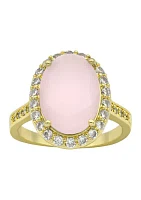 Lab Grown Gold Tone Oval Rose Crystal Pavé Cubic Zirconia Halo Ring