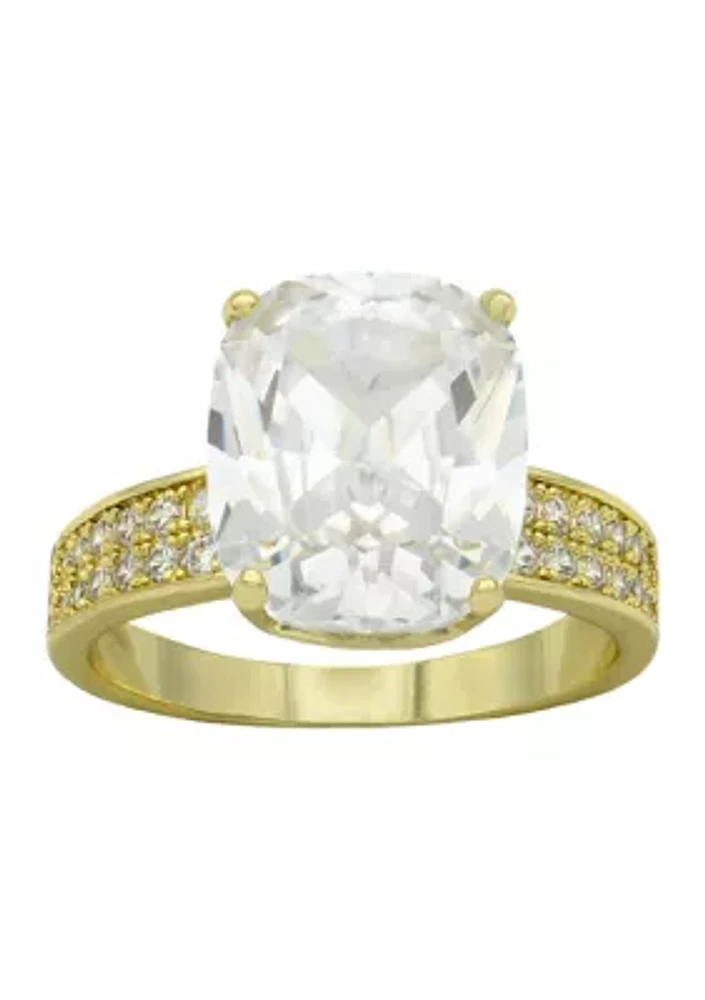 Lab Grown Gold Tone Cushion Cut Cubic Zirconia Double Row Pavé Band Ring