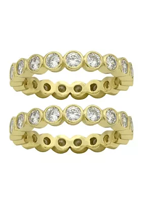 Lab Grown Gold Tone Bezel Cut Round Cubic Zirconia Duo Band Ring Set