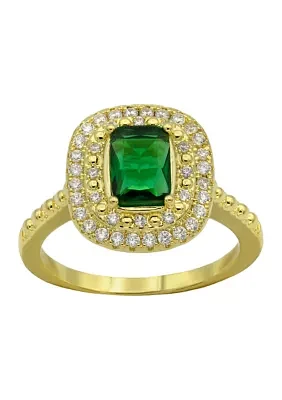 Lab Grown Gold Tone Emerald Crystal with Pavé Cubic Zirconia Double Halo Ring