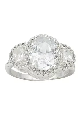 Lab Grown Silver Tone Three Stone Cubic Zirconia Oval with Pavé Halo Ring