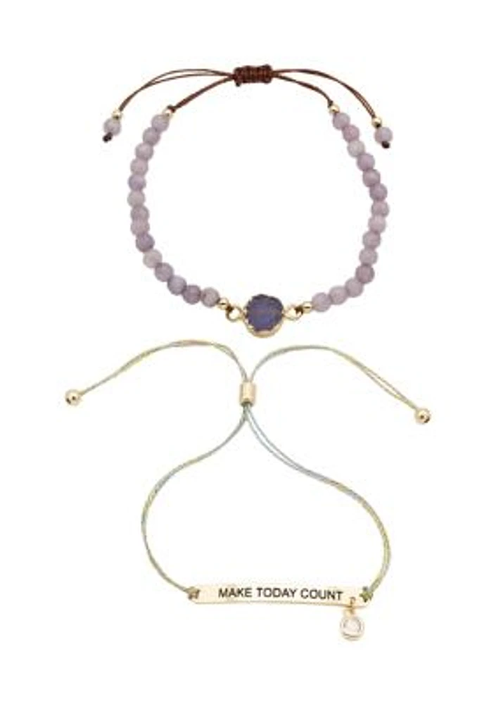 Duo Amethyst Engraved Gold Bracelets