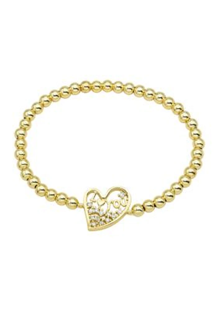 Gold Plated Cubic Zirconia Heart Beaded Stretch Bracelet