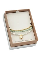 Gold Plated Trio Adjustable Beaded and Leather Charm Bracelets