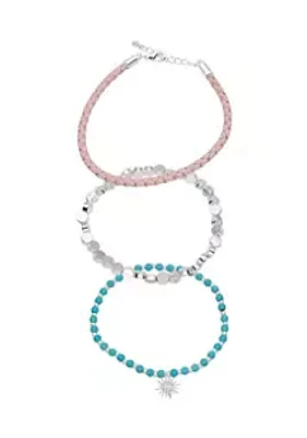 Wonderly Silver Tone Trio Adjustable Beaded and Leather Charm Bracelets - Set of 3