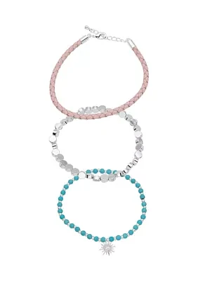 Silver Tone Trio Adjustable Beaded and Leather Charm Bracelets - Set of 3