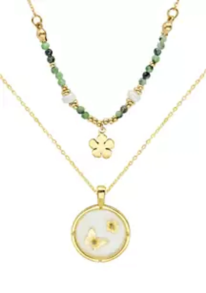 Wonderly Gold Duo Beaded Flower and Butterfly Disk Set of Necklaces