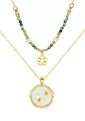 Wonderly Gold Duo Beaded Flower and Butterfly Disk Set of Necklaces