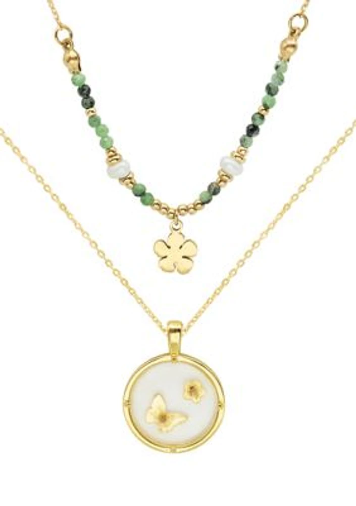 Gold Duo Beaded Flower and Butterfly Disk Set of Necklaces