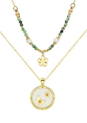 Gold Duo Beaded Flower and Butterfly Disk Set of Necklaces