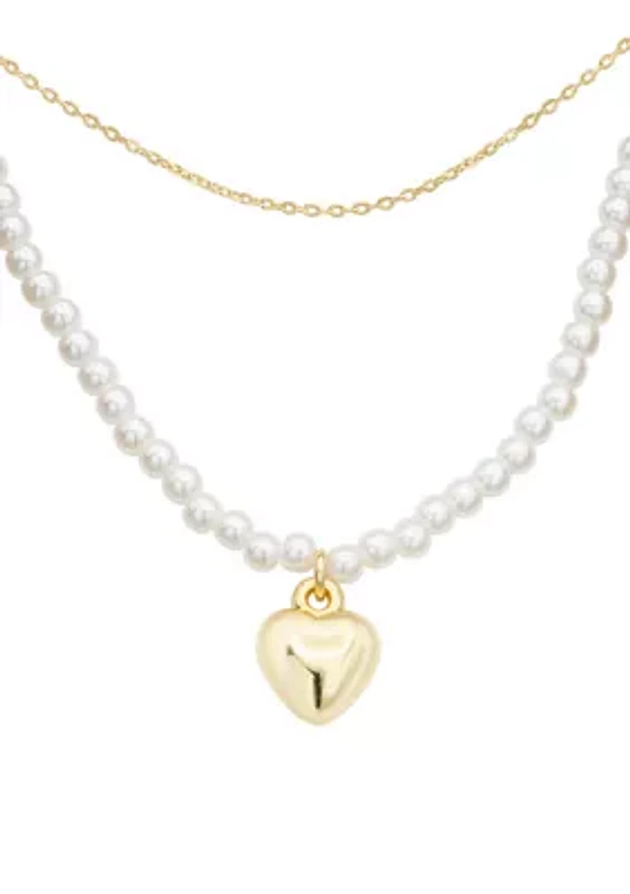 Gold Duo Chain and Pearl Heart Locket Necklace - Set of 2