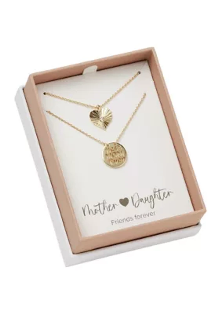 Lab Grown Gold Plated Best Mom Ever Disk and Heart Duo Pendant Necklace Set