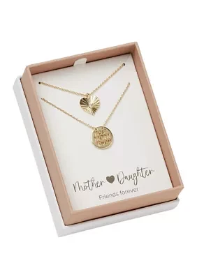 Lab Grown Gold Plated Best Mom Ever Disk and Heart Duo Pendant Necklace Set