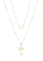 Gold Plated Filigree Cross and Open Heart Duo Pendant Necklace Set