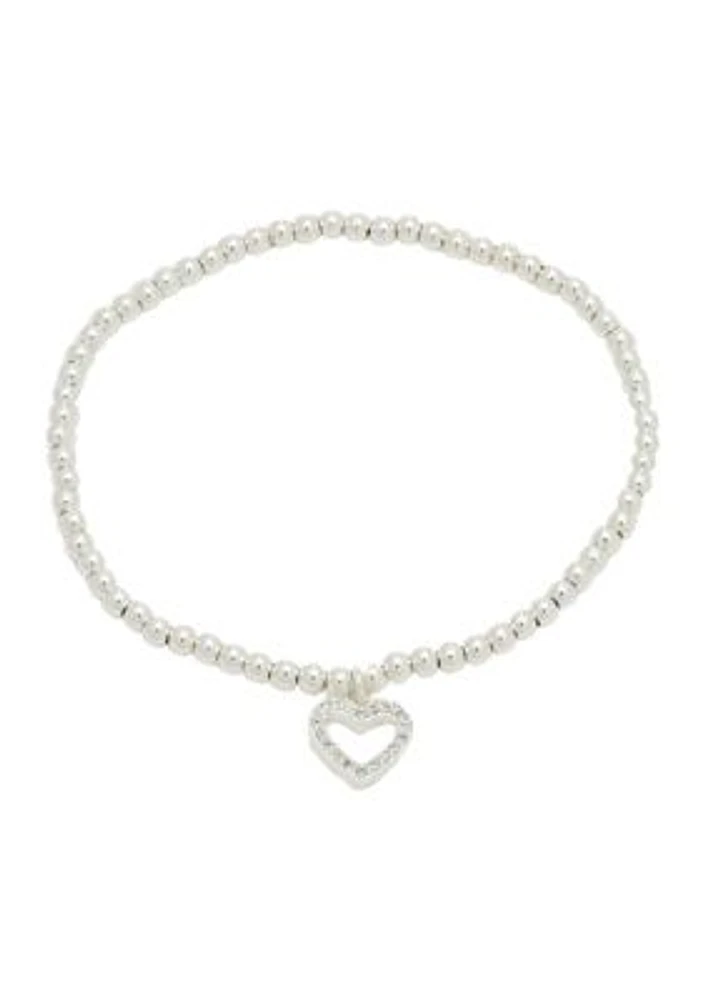 Lab Created Silver Tone CZ Heart Beaded Adjustable Bracelet