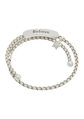 Lab Created Silver Tone Believe Bar Charm Leather Adjustable Bracelet