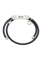 Lab Created Silver Tone Mom Bar Charm Leather Adjustable Bracelet