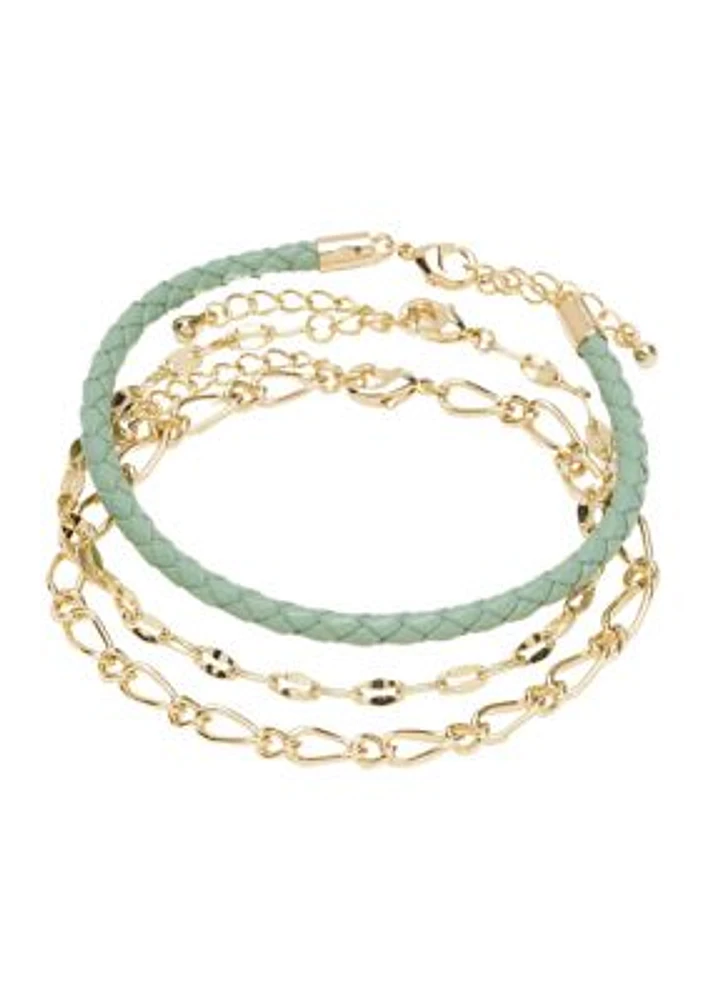 Gold Tone Genuine Leather Chain Bracelet Set