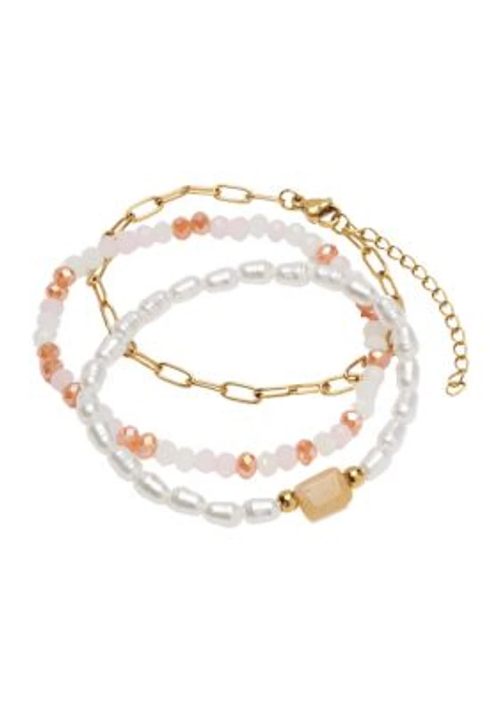 Gold Tone Genuine Beaded Lab Grown Pearl Chain Bracelet Trio Set