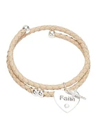 Silver Tone Genuine Lab Grown Leather Faith Charm Bracelet