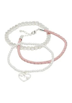 Lab Grown Silver Tone Leather & Pearl Love Charm Trio Bracelet Set