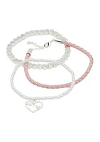 Lab Grown Silver Tone Leather & Pearl Love Charm Trio Bracelet Set