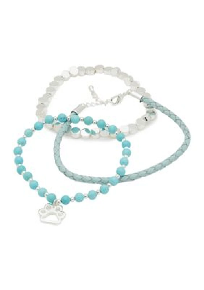 Lab Grown Silver Tone Leather & Turquoise Trio Bracelet Set