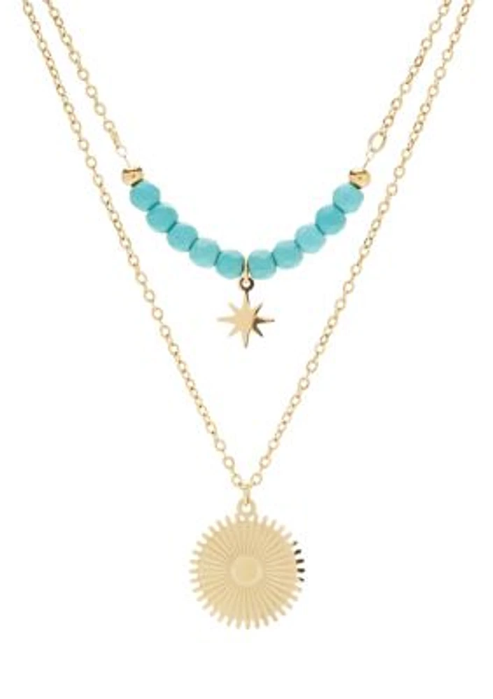 Lab Grown Gold Tone Turquoise Beaded & Disc Duo Pendant Set